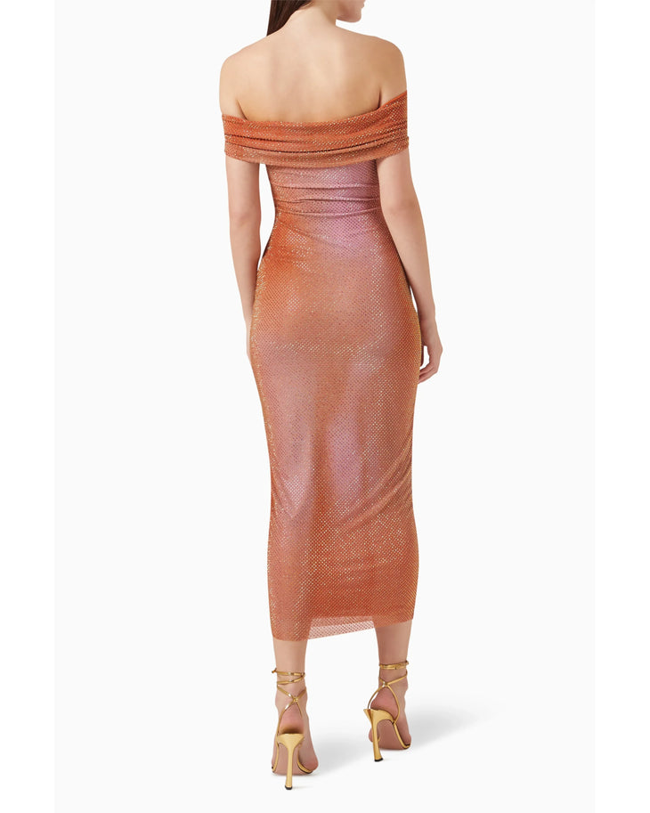 Off-shoulder rhinestone maxi dress in coral with ruched detail — Self-Portrait | Endless UAE