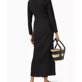 Black long-sleeved midi dress with tortoiseshell belt detail, worn with woven basket bag and espadrille sandals — Never Fully Dressed | Endless UAE