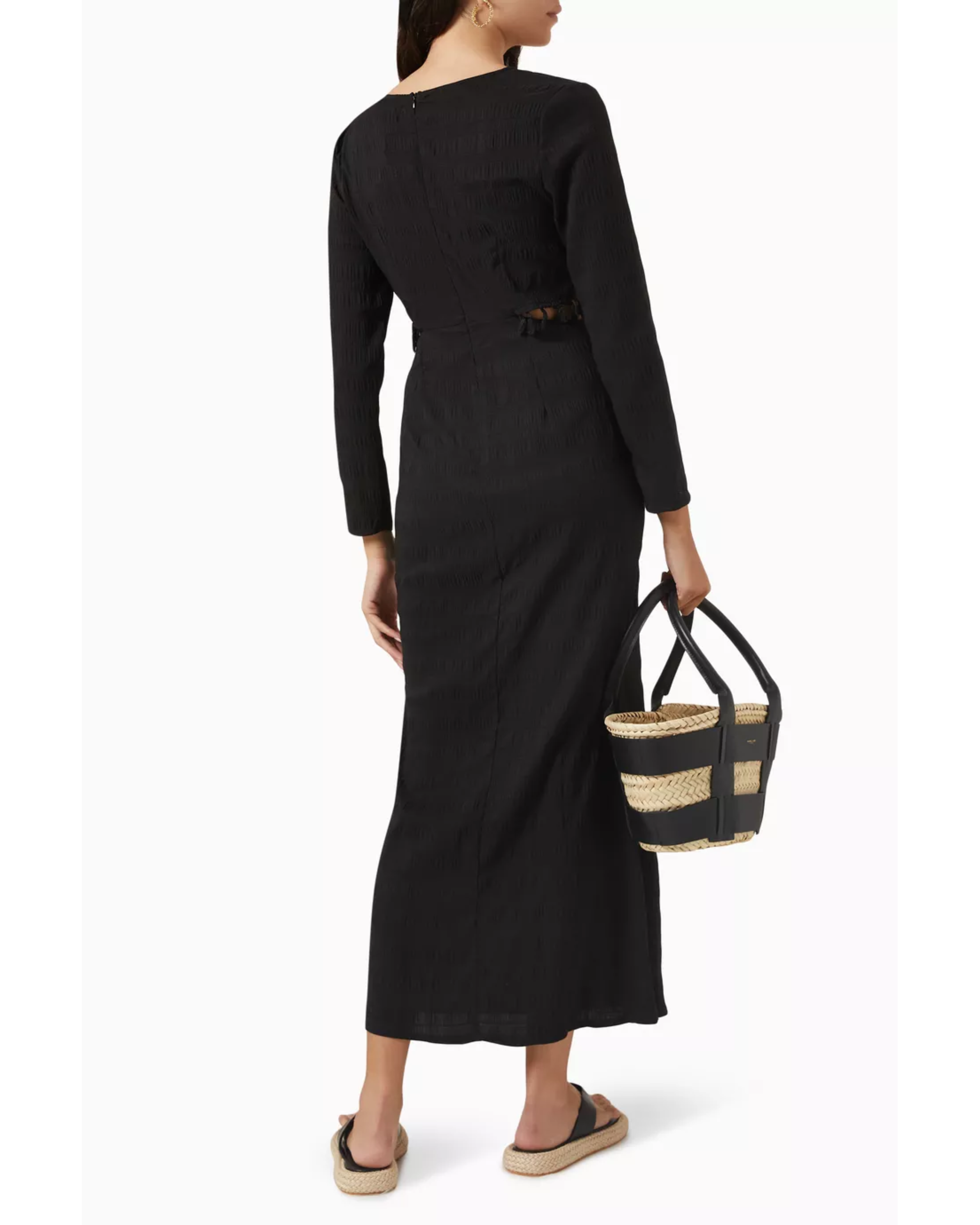 Black long-sleeved midi dress with tortoiseshell belt detail, worn with woven basket bag and espadrille sandals — Never Fully Dressed | Endless UAE