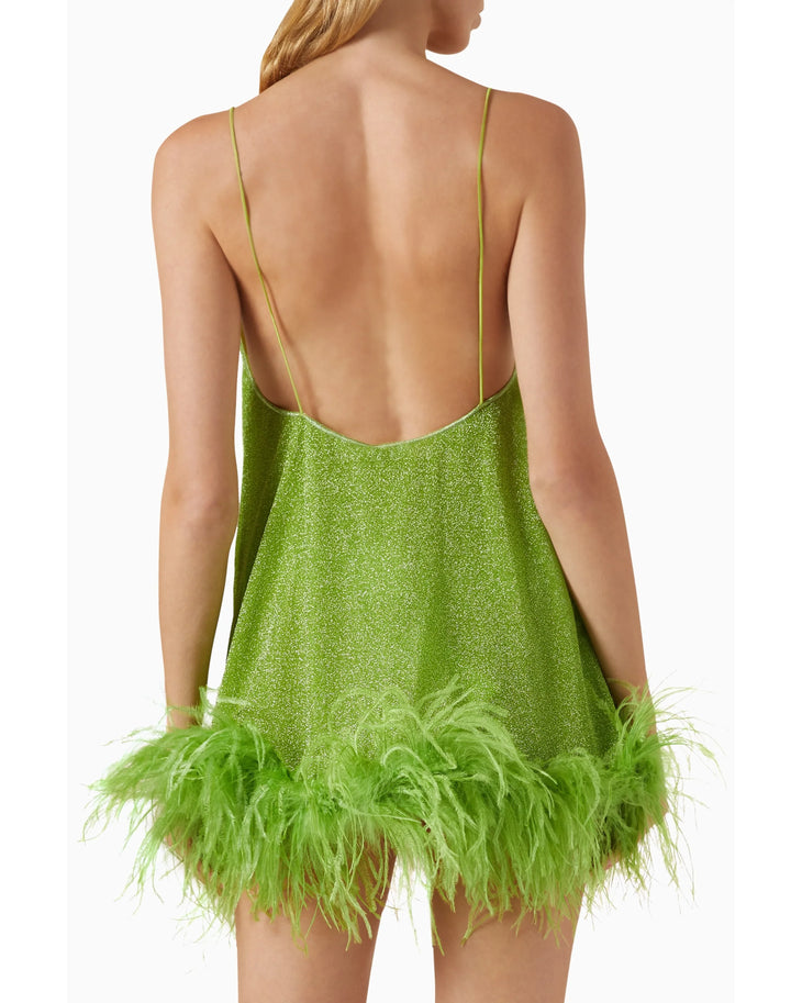 Lime green sequined mini dress with feather hem and thin straps — Oseree | Endless UAE
