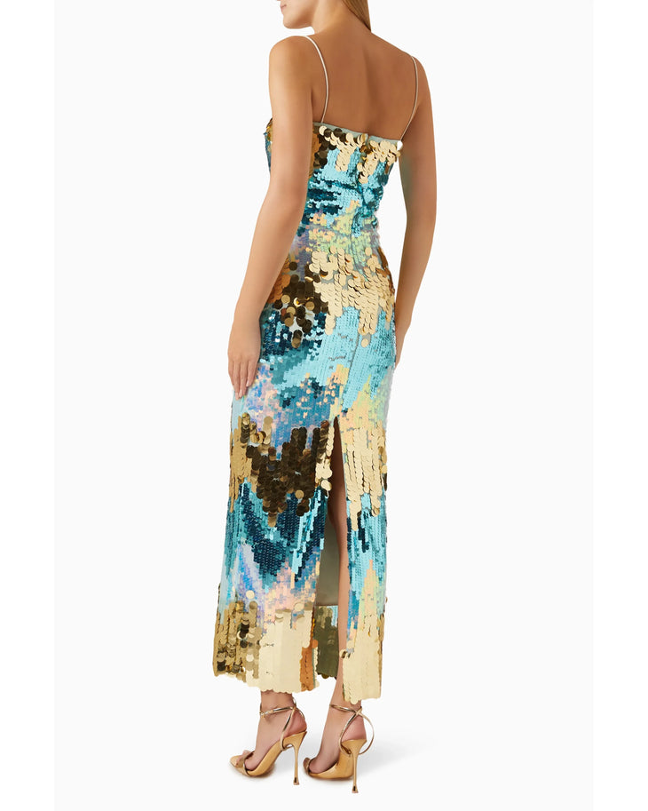 Woman wearing a sequined strapless midi dress in turquoise, gold and bronze — The New Arrivals | Endless UAE