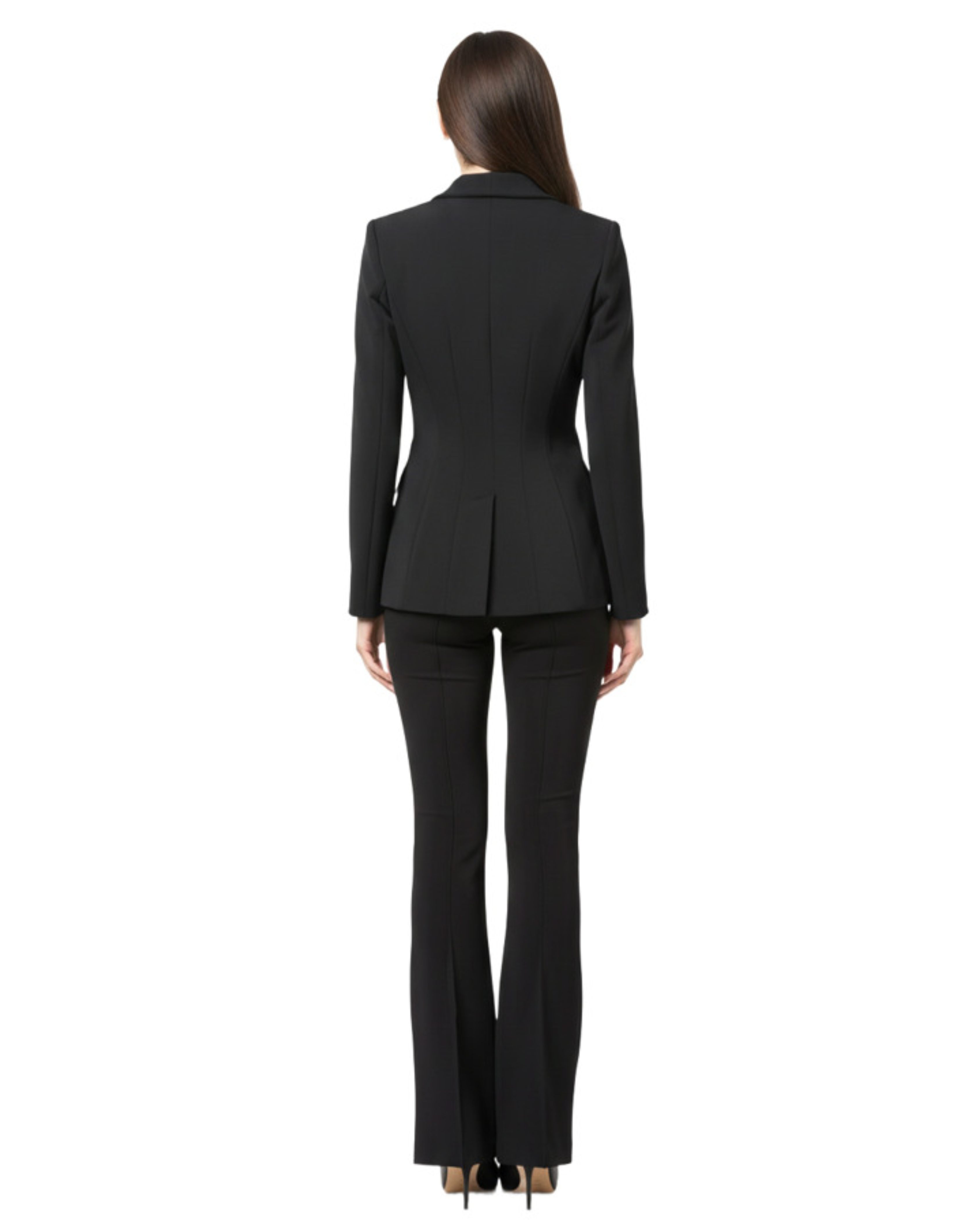 Black shawl-lapel double-breasted blazer with flared pants suit back view — Elisabetta Franchi | Endless UAE