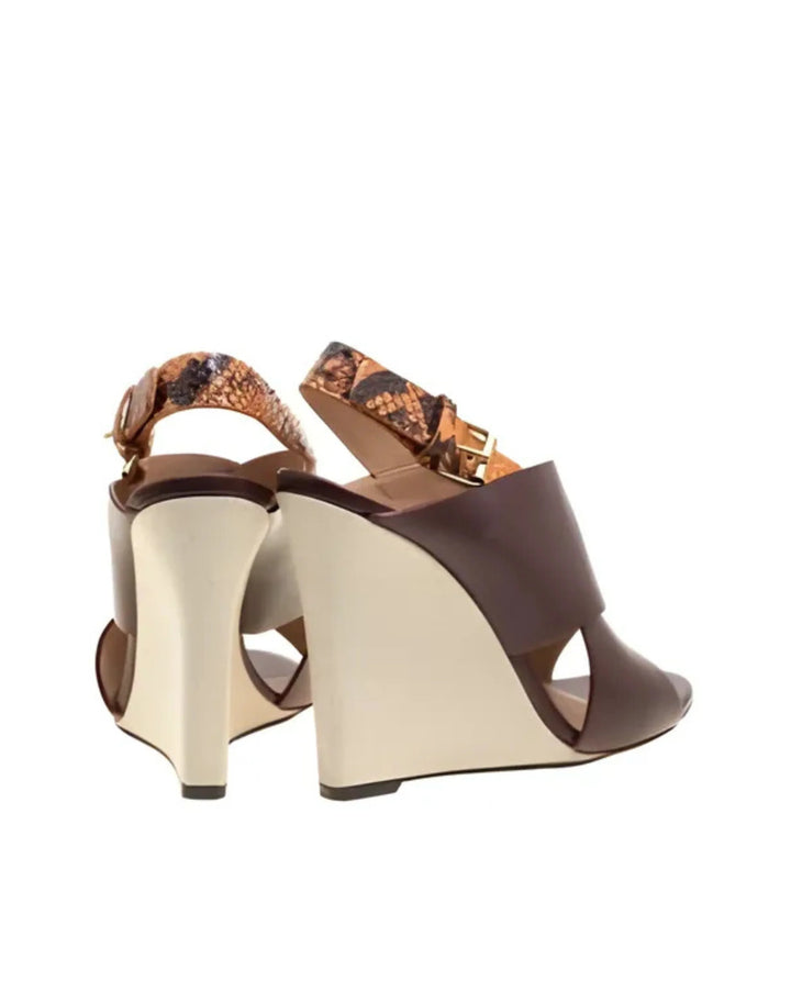 Brown leather and python slingback wedge sandals with buckle closure — Celine | Endless UAE