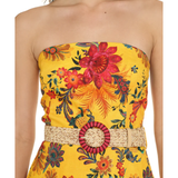 Yellow floral printed strapless linen midi dress with pink ombre hem and beaded belt — Zimmermann | Endless UAE