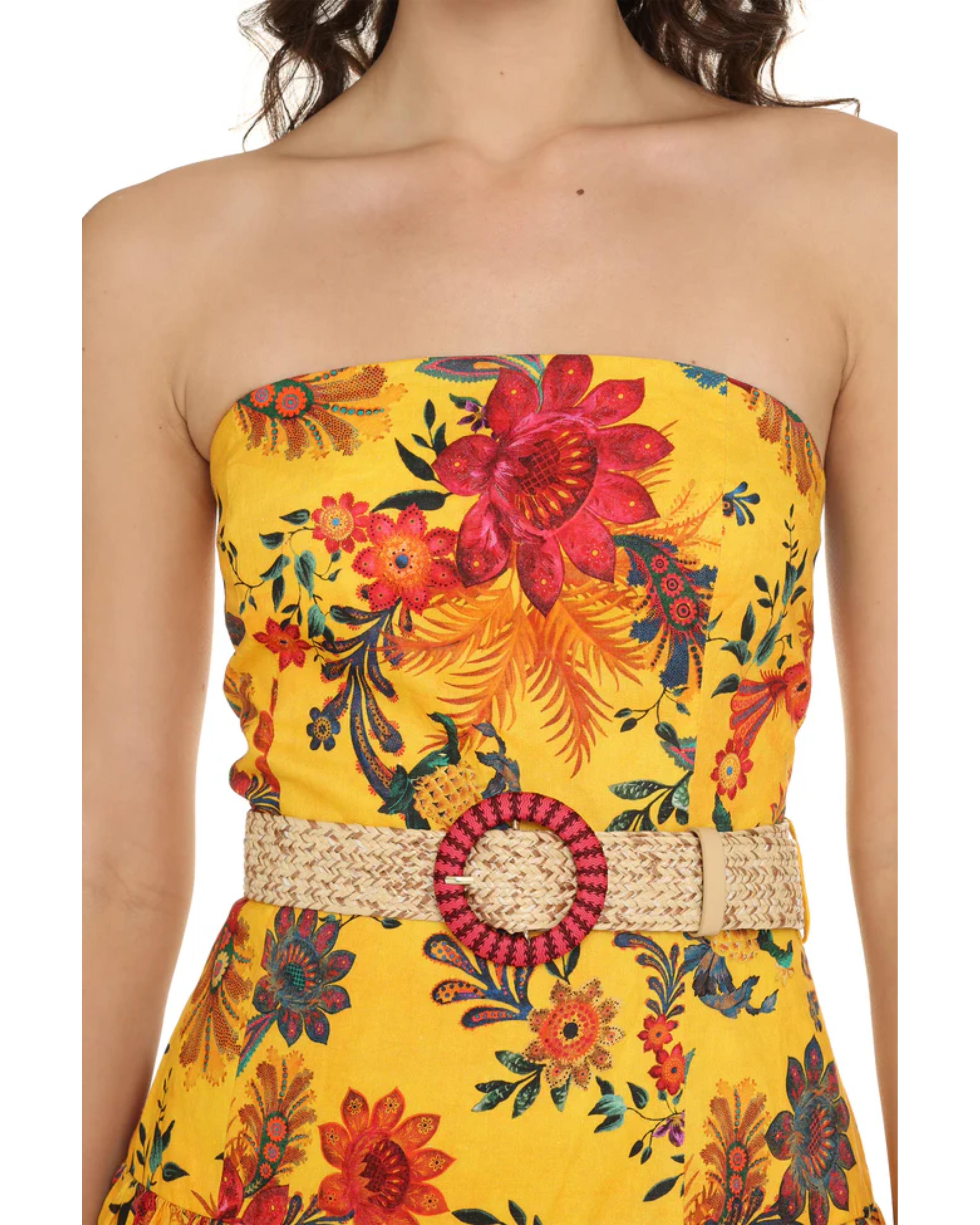 Yellow floral printed strapless linen midi dress with pink ombre hem and beaded belt — Zimmermann | Endless UAE