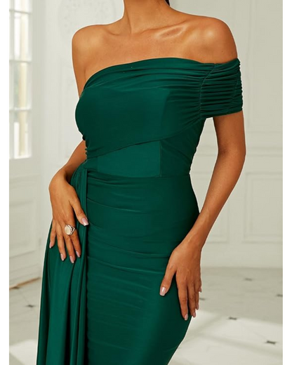 One Shoulder Ruched Draped Side Floor Length Formal Dress