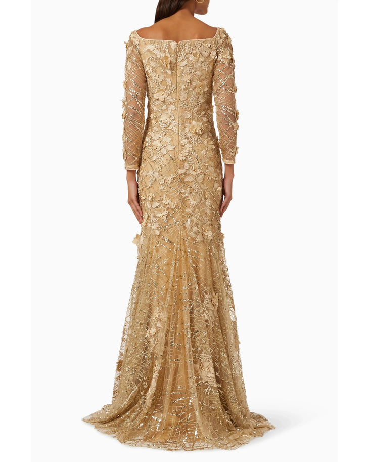 Gold floral-embroidered long-sleeve maxi dress with V-neckline — Jovani | Endless UAE