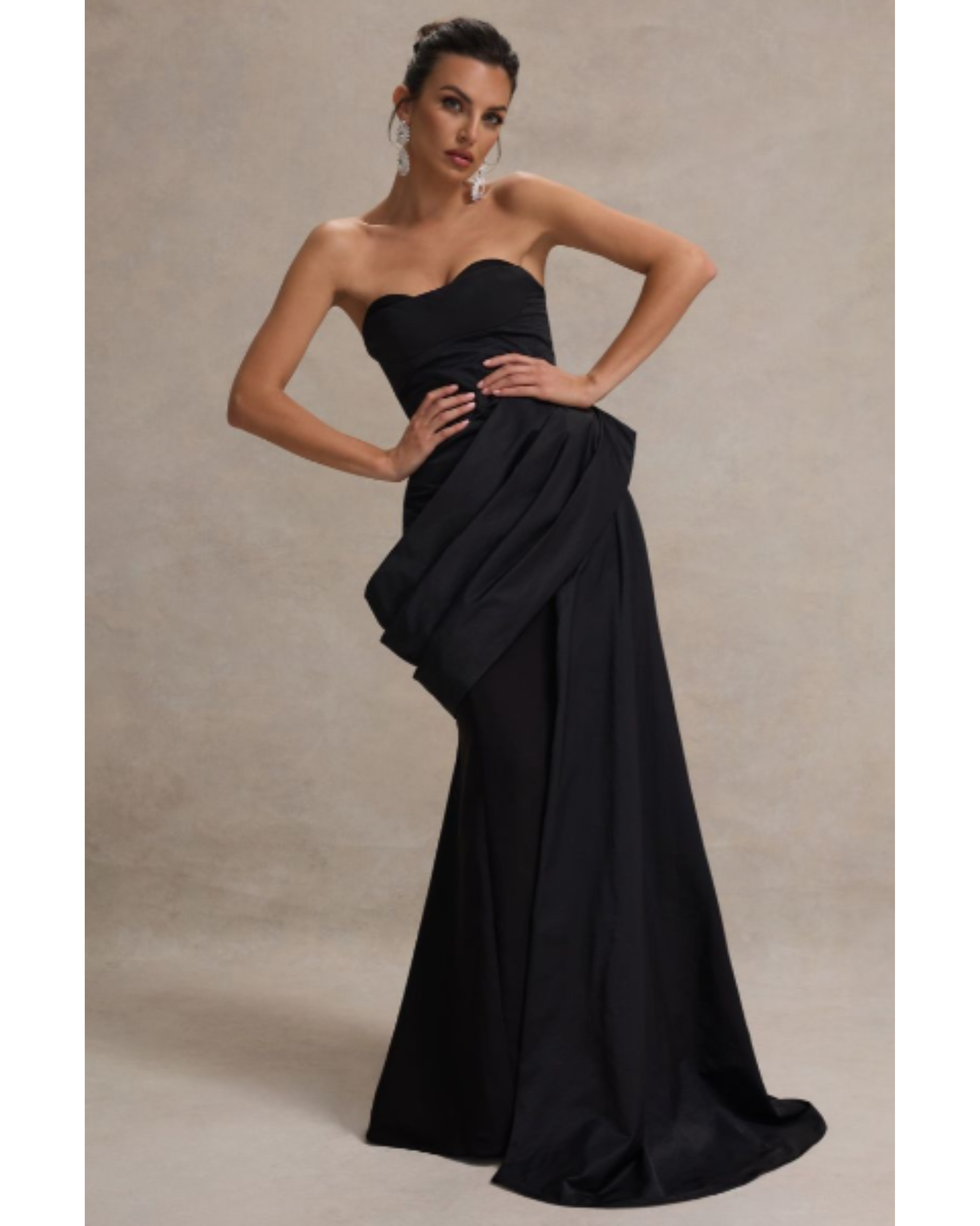 Black strapless corset maxi dress with draped bodice and flowing floor-length skirt — Club L London | Endless UAE