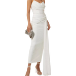 White draped midi dress in crepe-chiffon with cowl neckline and side slit — Zeena Zaki | Endless UAE