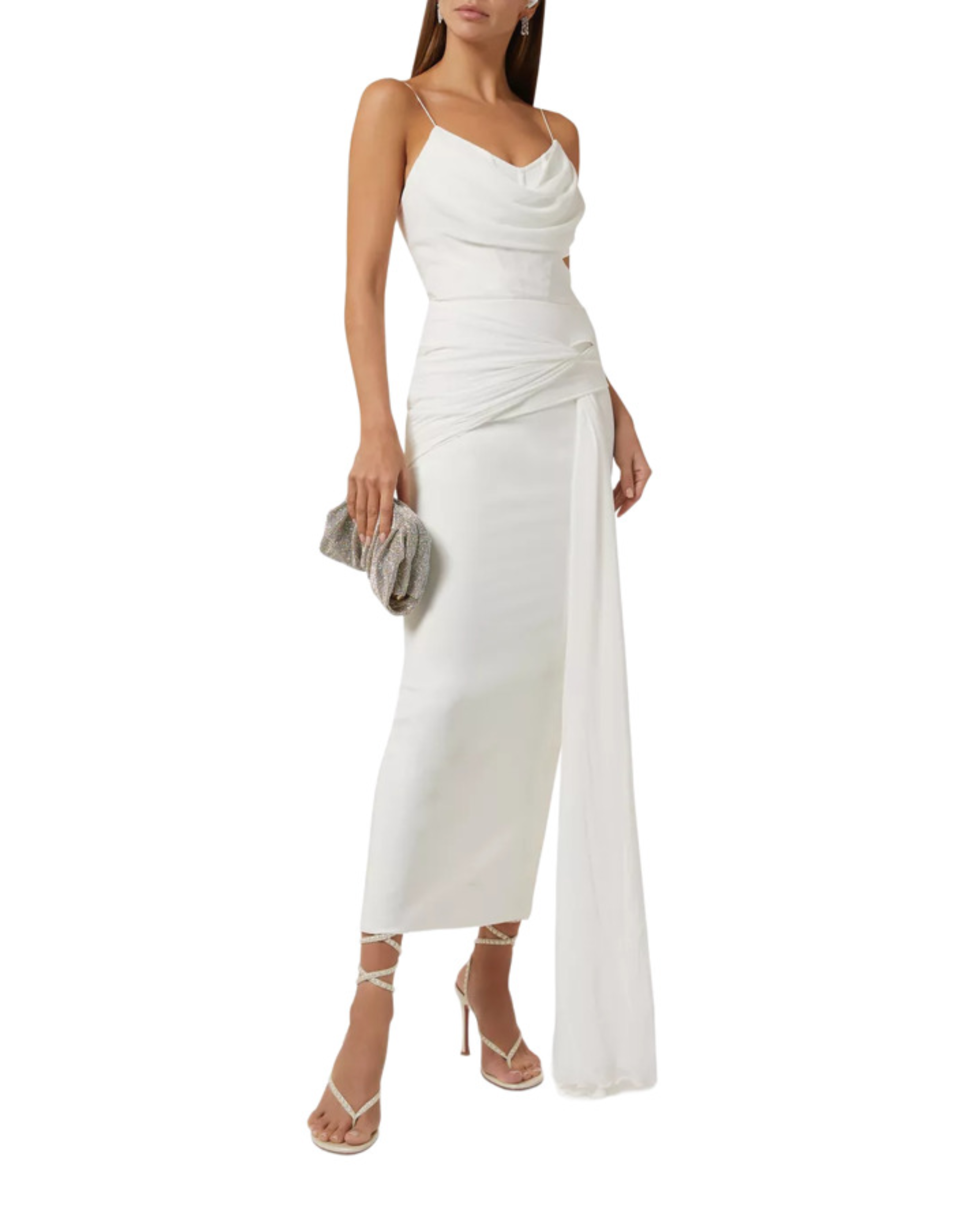 White draped midi dress in crepe-chiffon with cowl neckline and side slit — Zeena Zaki | Endless UAE