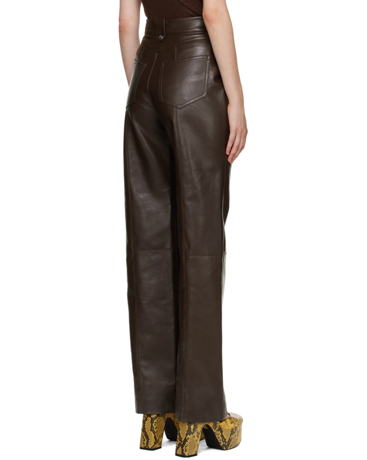 Dark brown regenerated leather straight-leg pants with back pockets and wide-leg silhouette, worn with yellow snake-print boots — Nanushka | Endless UAE