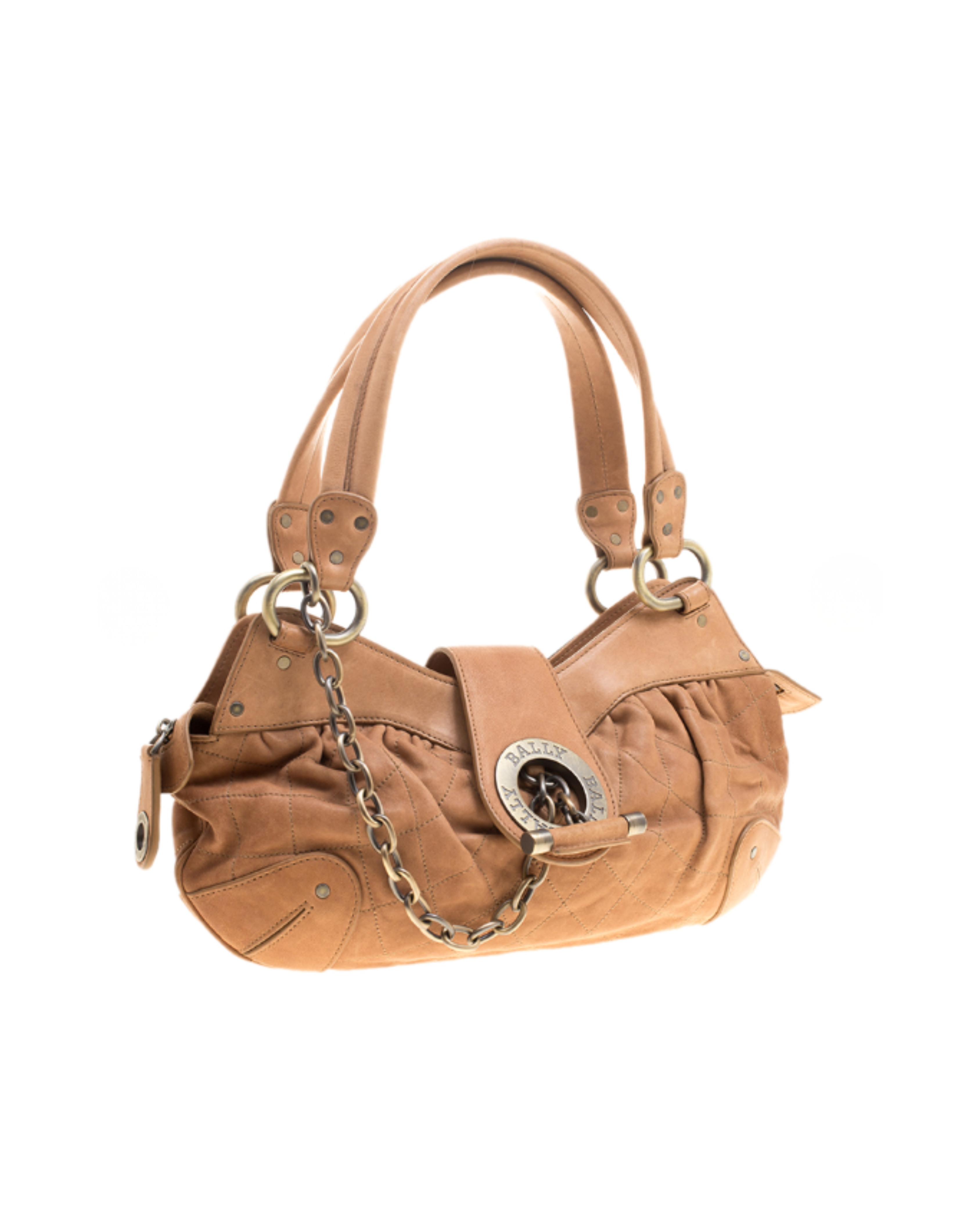 Tan quilted leather satchel with chain detail and circular logo clasp — Bally | Endless UAE