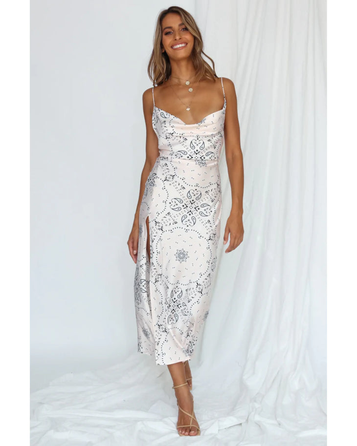 Walk The Line Midi Dress in Cream Bandana with cutout detail and high slit — Lioness | Endless UAE