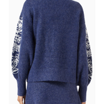 Navy blue knit cardigan with white floral embroidery on sleeves, relaxed fit, back view — Aston Studio | Endless UAE