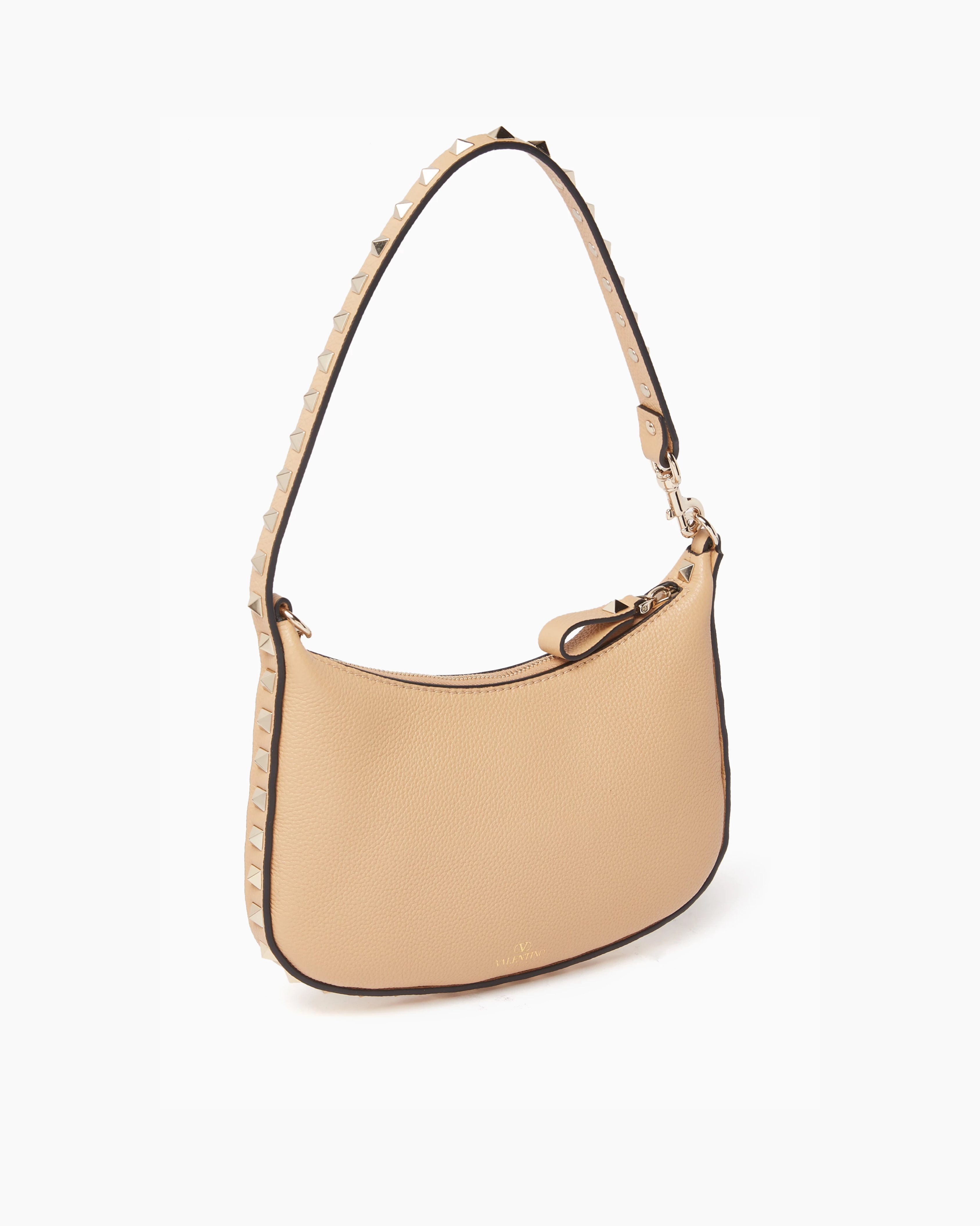 Beige leather mini hobo shoulder bag with dark brown studded trim and single strap — Valentino Garavani | Endless UAE