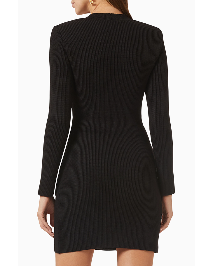 Black ribbed knit mini dress with long sleeves, fitted silhouette, shown from back view — Elizabetta Franchi | Endless UAE