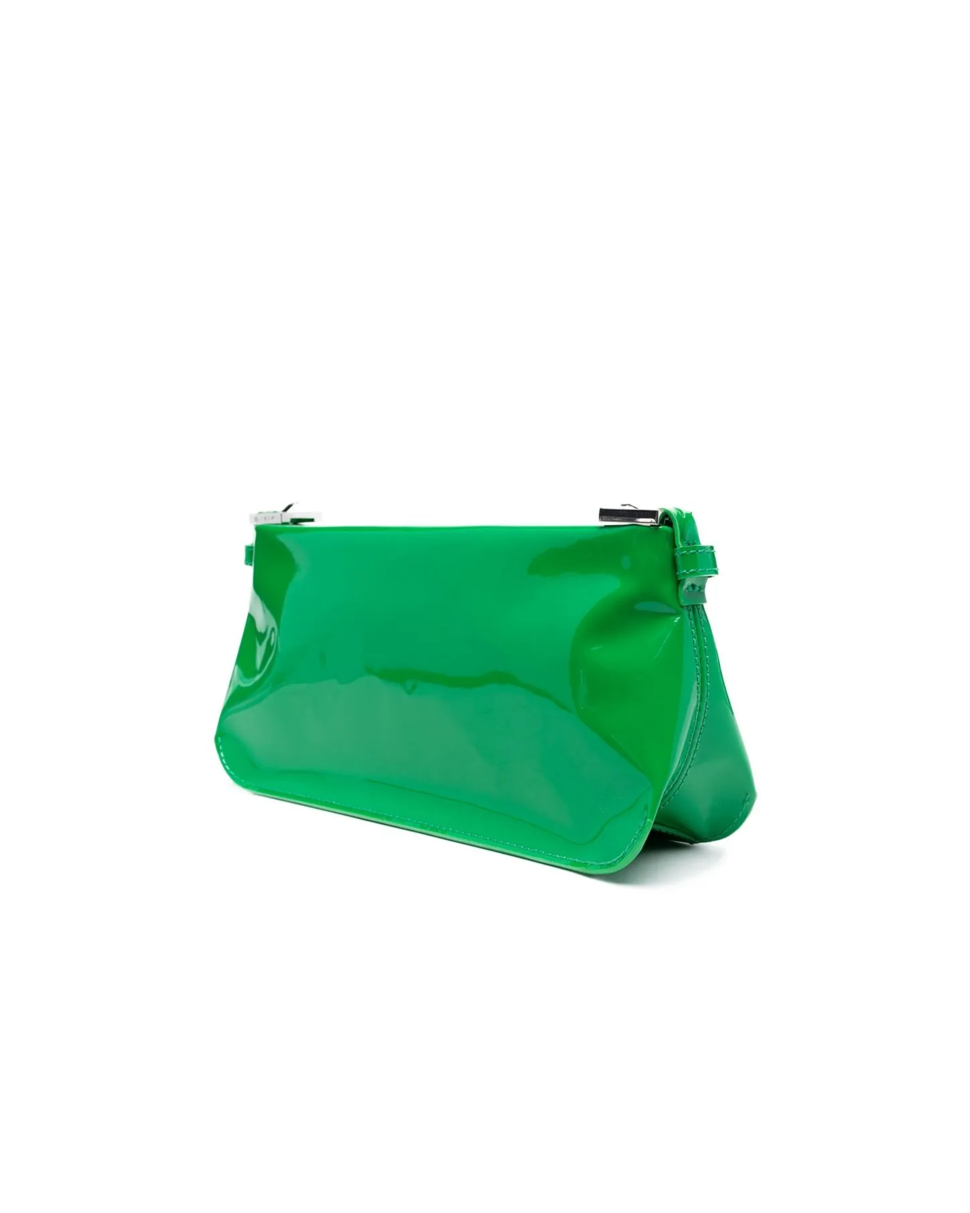 Dulce Patent Leather Shoulder Bag in vibrant green, held up against neutral background — By Far | Endless UAE