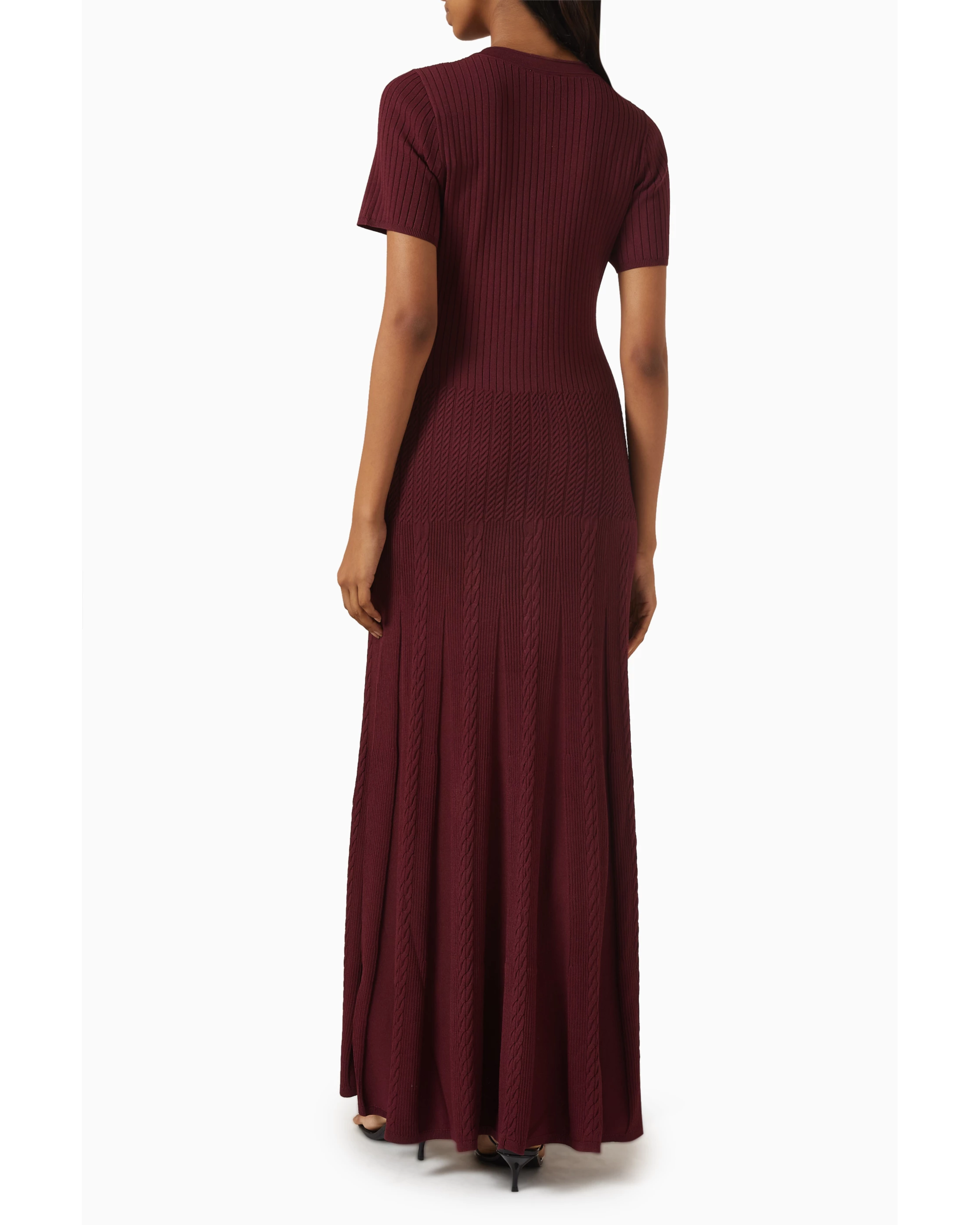 Burgundy ribbed maxi dress with short sleeves and button front closure — Sandro | Endless UAE