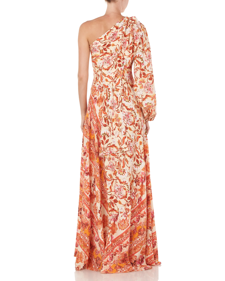 Piper Dress in coral floral print with one-shoulder neckline and flowing maxi silhouette — Amur | Endless UAE