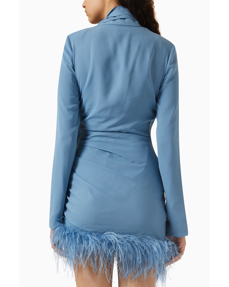 Blue satin mini dress with asymmetric neckline, neck tie detail, ruched body, long sleeves and feather hem trim — De La Vali | Endless UAE