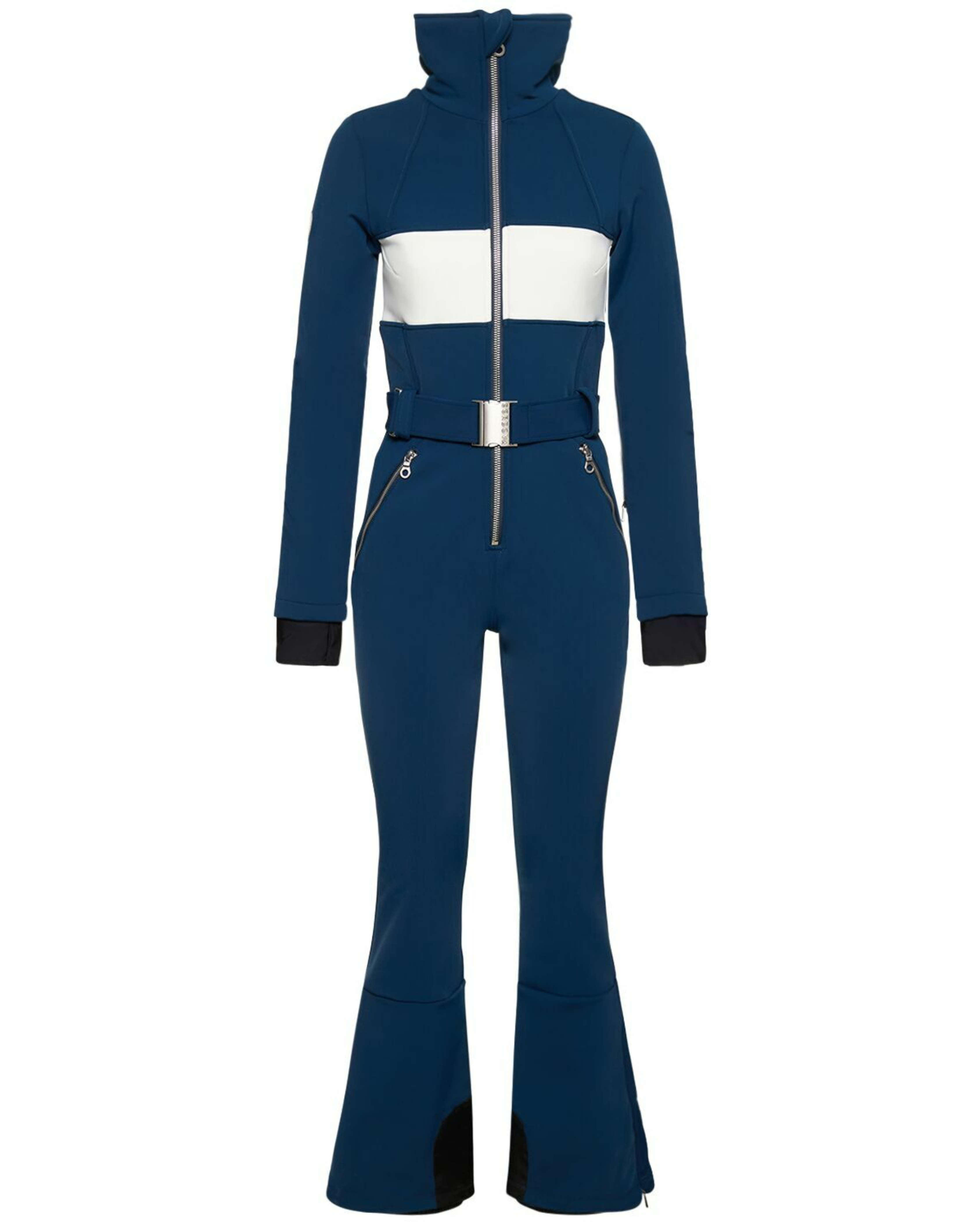 Woman wearing navy and white colorblocked ski jumpsuit with belt and black boots — Cordova | Endless UAE