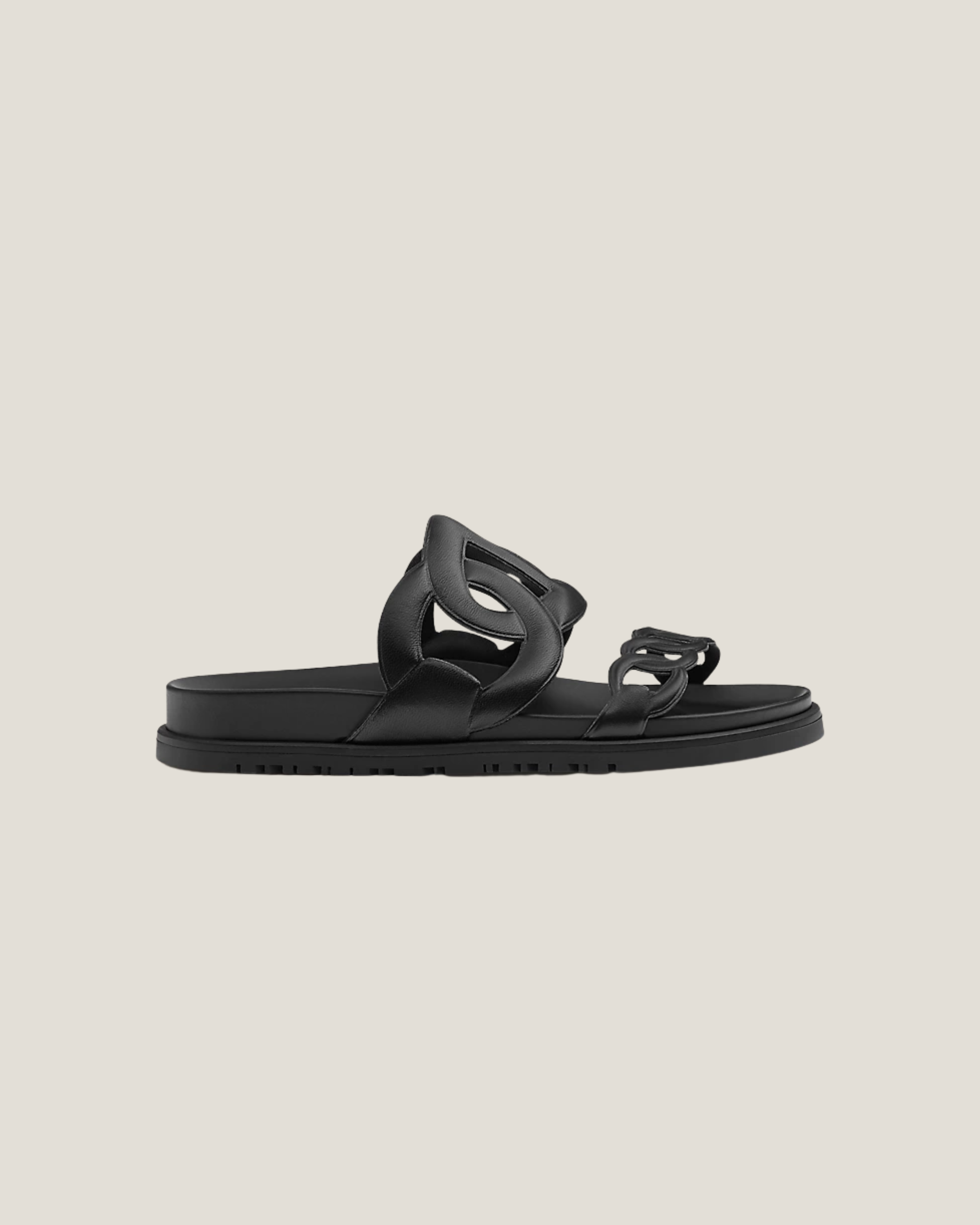 Black leather Techno Sandal with cutout straps and flat sole — Hermes | Endless UAE