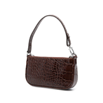 Dark brown croc-embossed mini shoulder bag with chain detail held in hand — By Far | Endless UAE
