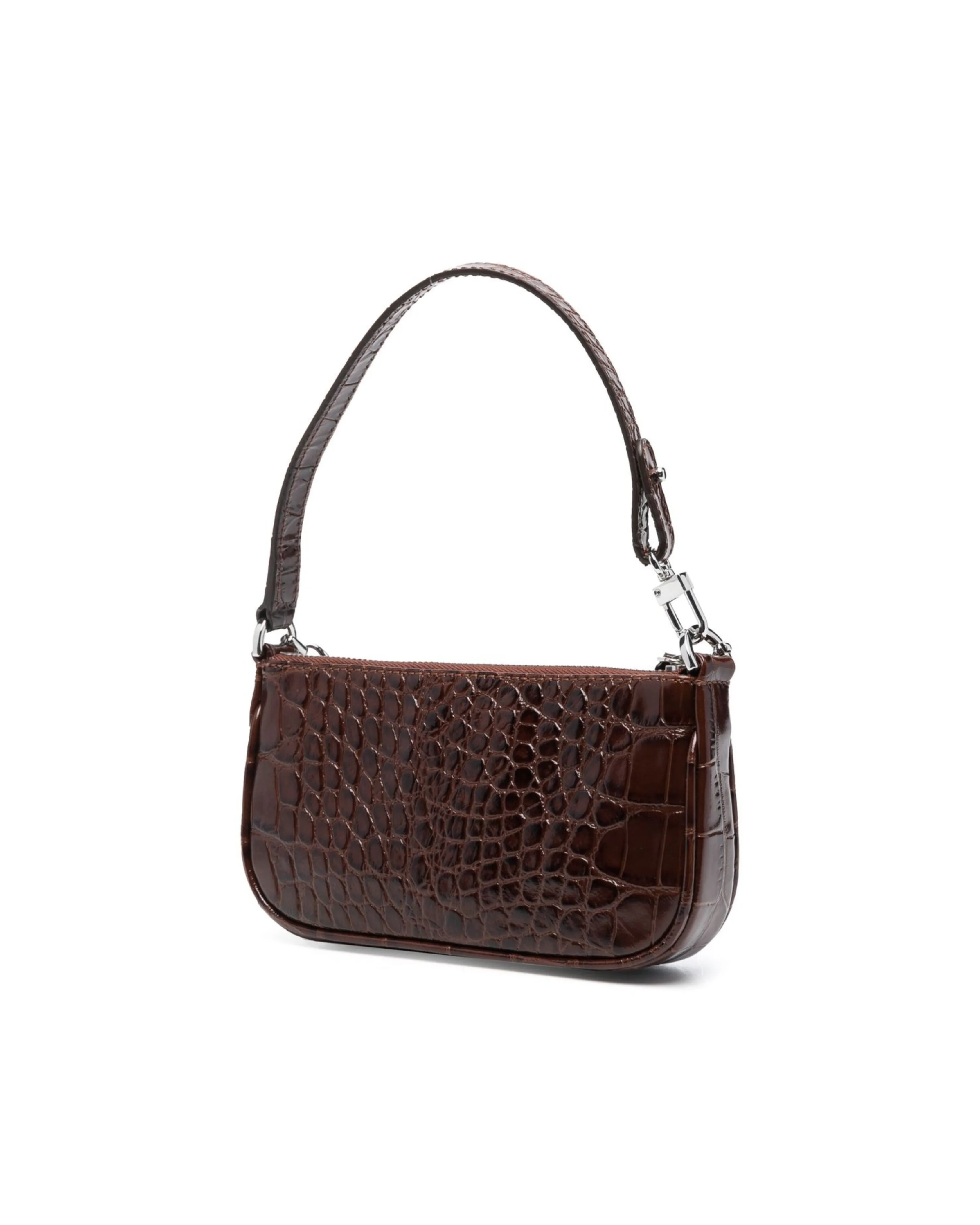 Dark brown croc-embossed mini shoulder bag with chain detail held in hand — By Far | Endless UAE