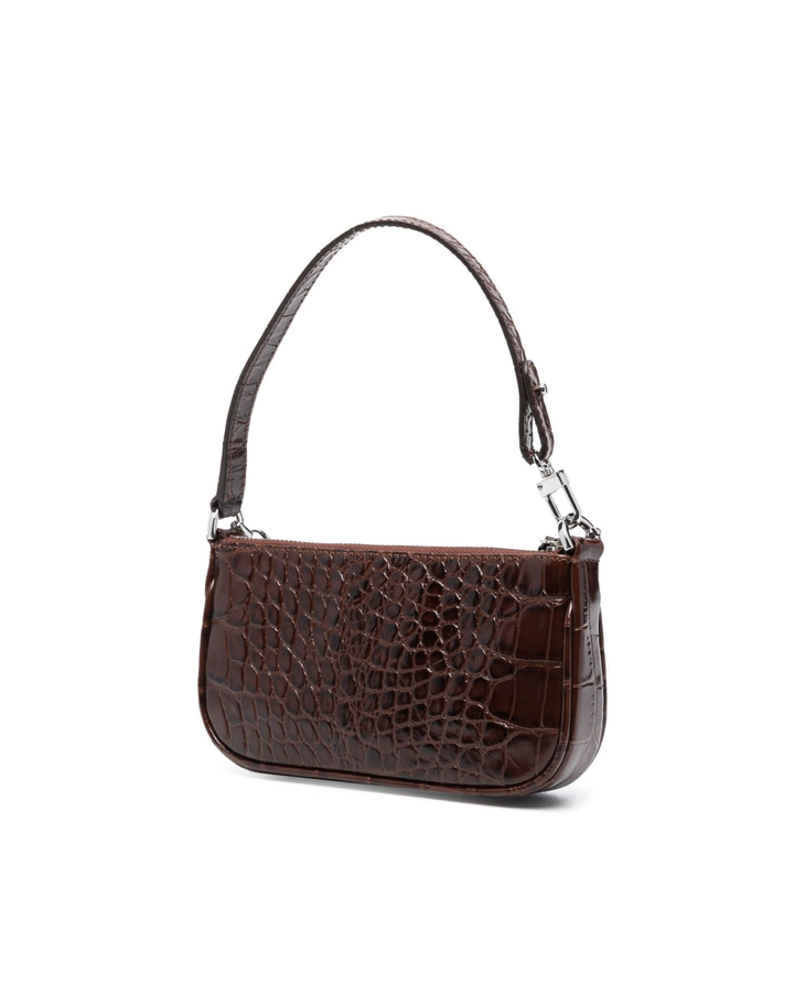 Dark brown croc-embossed mini shoulder bag with chain detail held in hand — By Far | Endless UAE