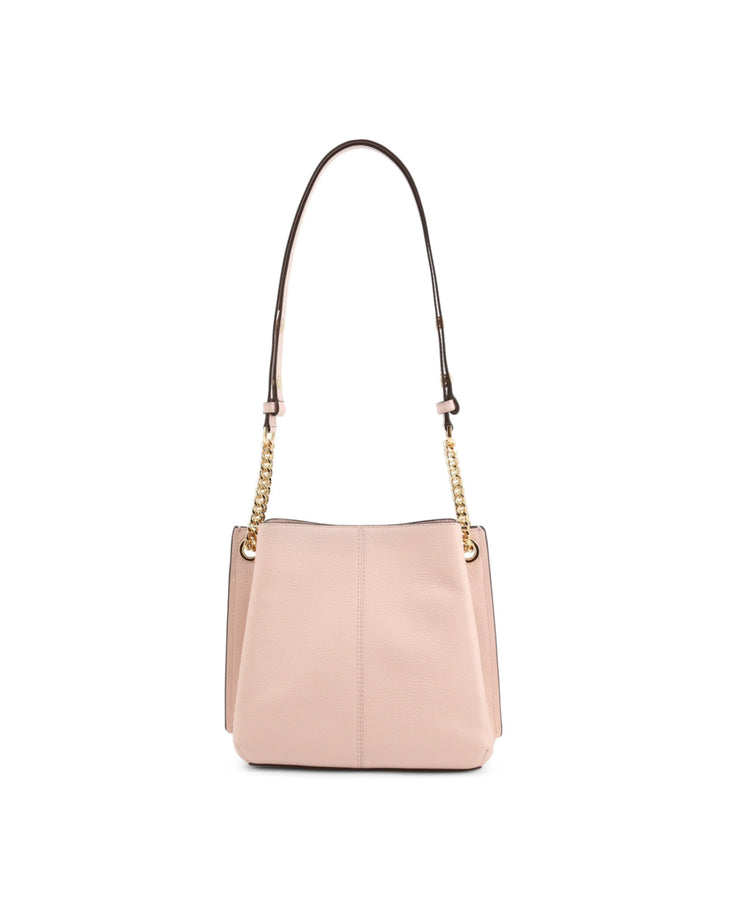 Pink pebbled leather bucket bag with gold chain strap and dark shoulder strap — Michael Kors | Endless UAE