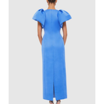 Woman wearing steel blue Lucinda Maxi Dress with puffed sleeves, viewed from back — Leo Lin | Endless UAE