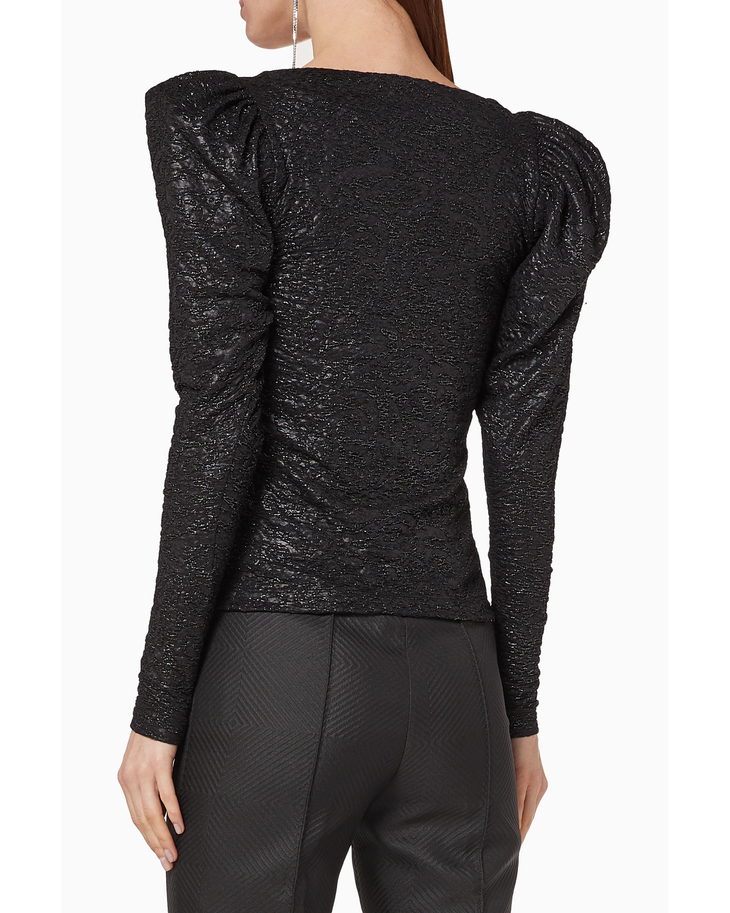 Black sparkle square-neck long-sleeve top with puffed shoulders — Rotate Birger Christensen | Endless UAE