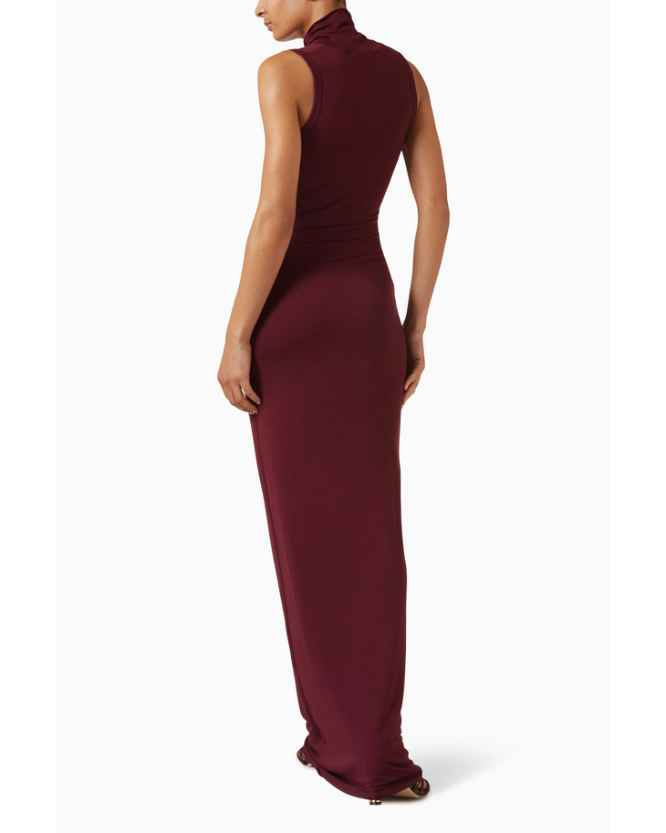 Burgundy sleeveless turtleneck maxi dress with fitted silhouette — Eterne | Endless UAE