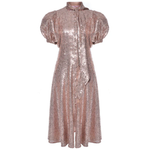 Rose gold sequin midi dress with puff sleeves and bow detail — Liya | Endless UAE