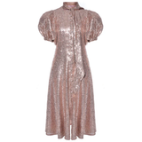 Rose gold sequin midi dress with puff sleeves and bow detail — Liya | Endless UAE