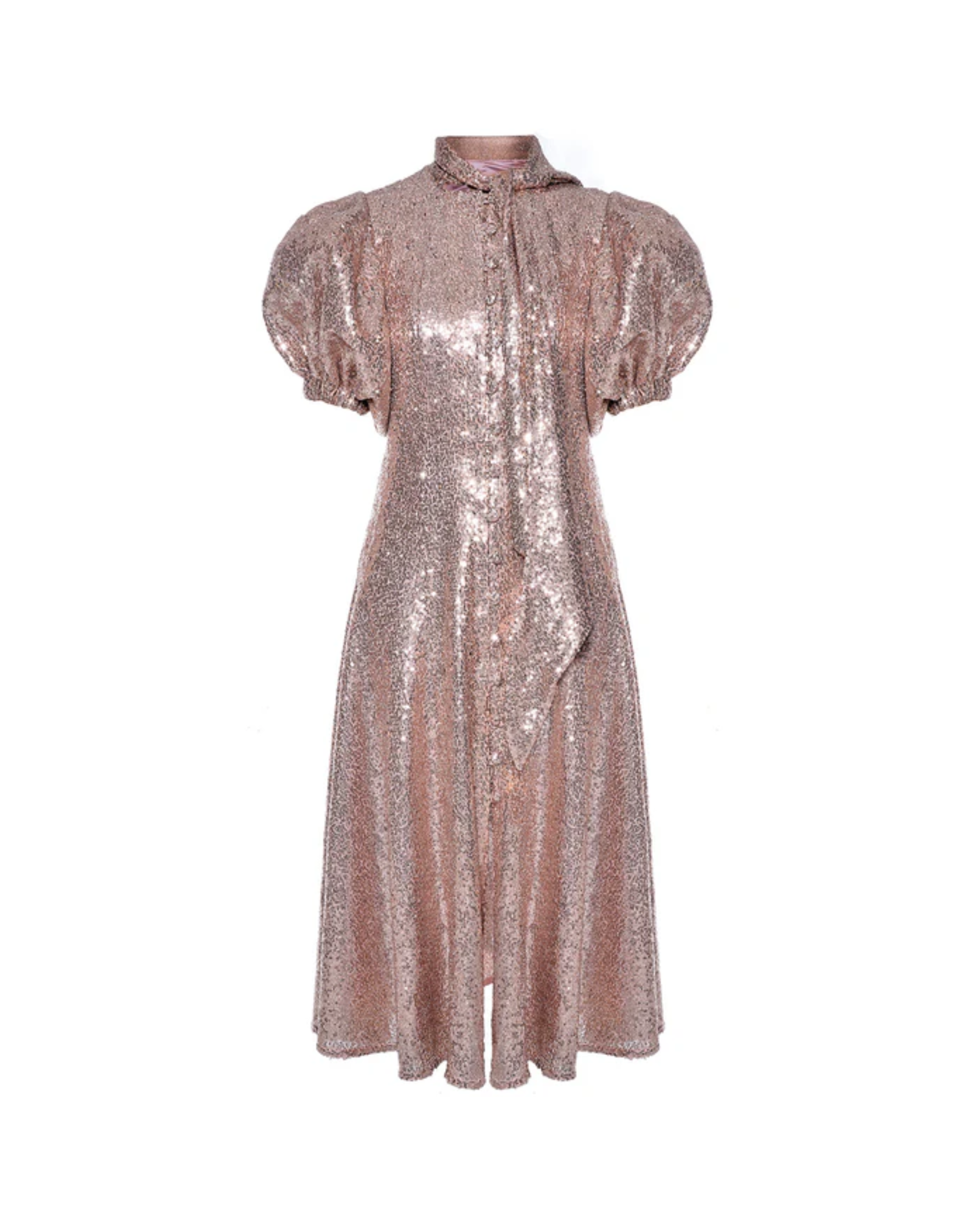 Rose gold sequin midi dress with puff sleeves and bow detail — Liya | Endless UAE