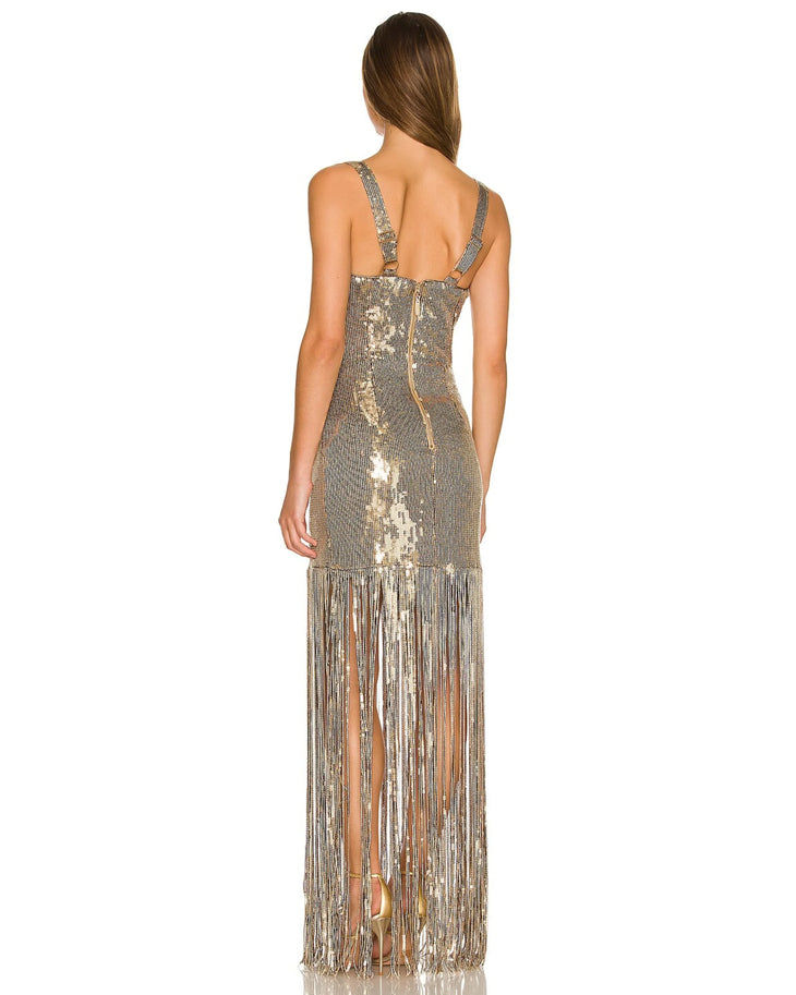 Gold sequin sleeveless maxi dress with fringe trim and square neckline — Bronx & Banco | Endless UAE