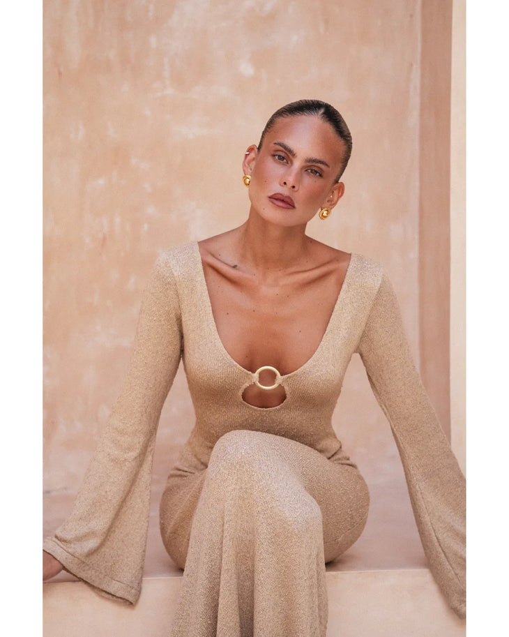 Farah Dress in beige knit with keyhole neckline detail — Miharo | Endless UAE