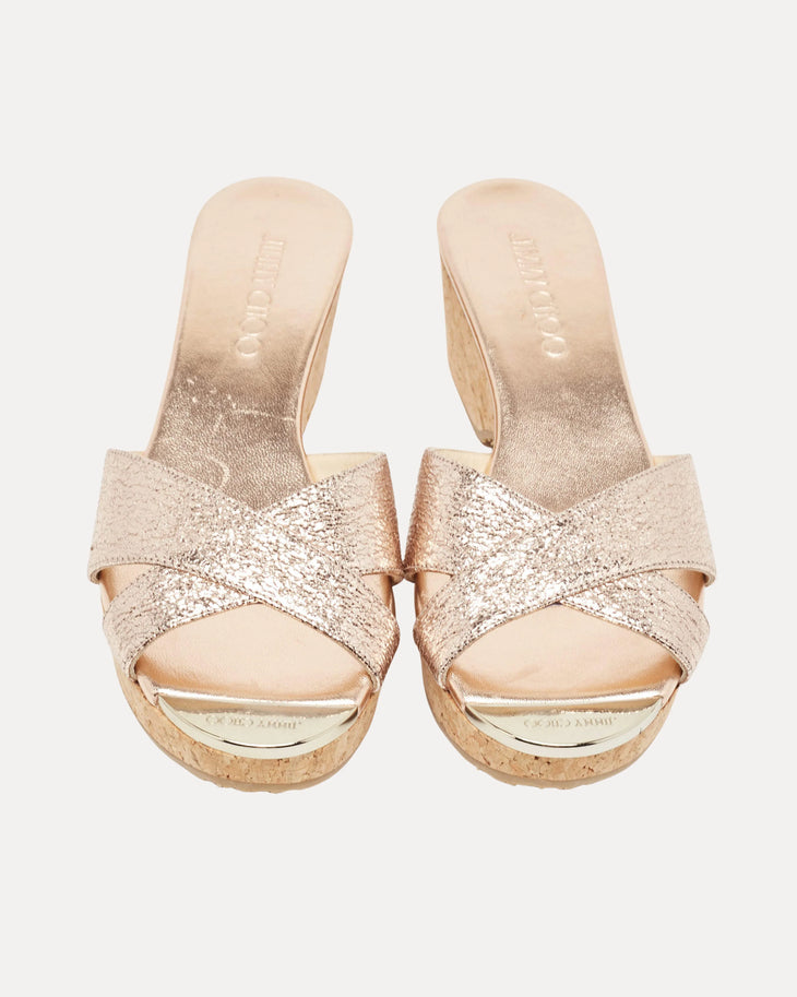 Gold textured leather platform slide sandal with cork wedge heel — Jimmy Choo | Endless UAE