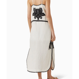 Halayna Embroidered Dress in cream with black floral embroidery and button front — Scarlet Poppies | Endless UAE