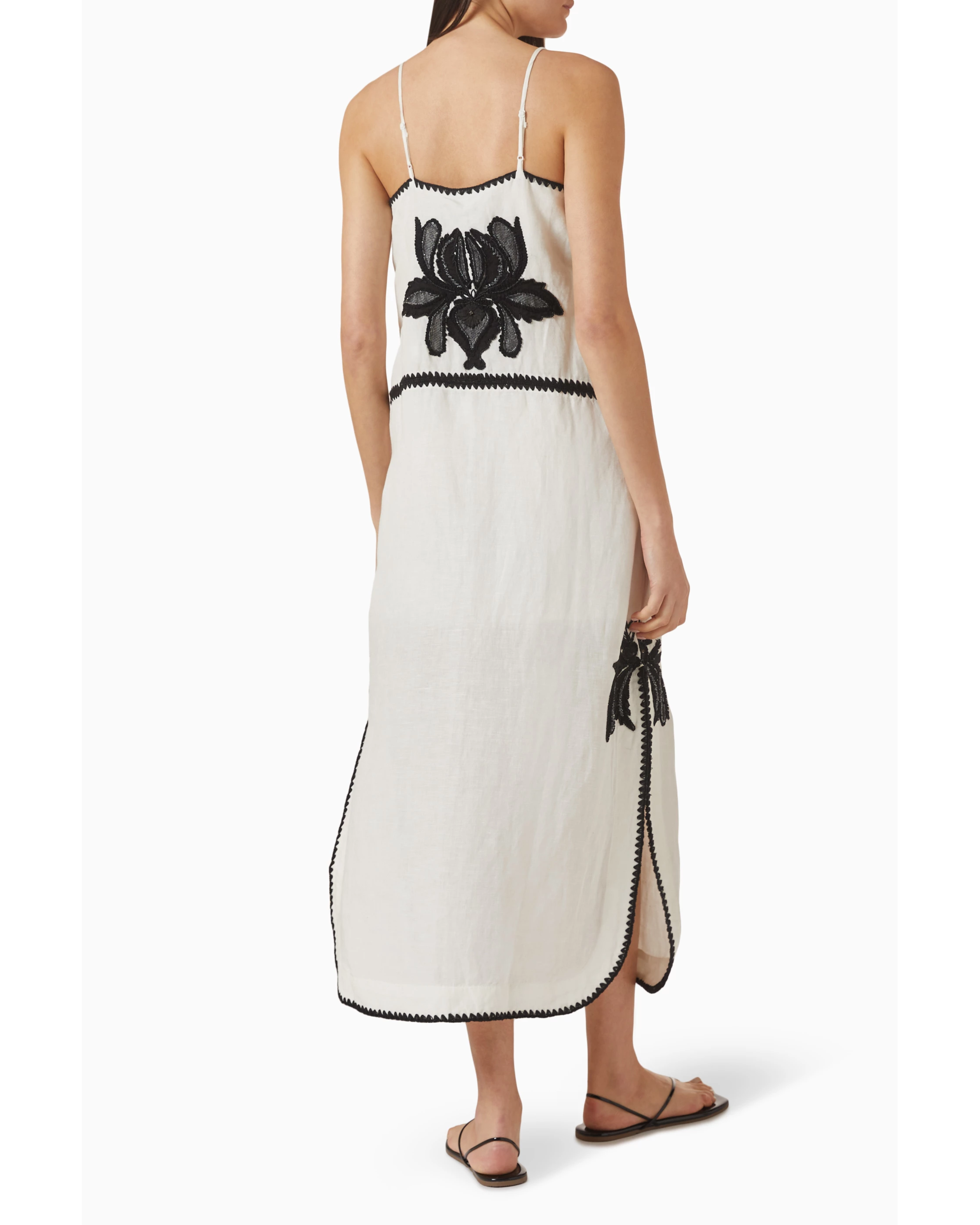 Halayna Embroidered Dress in cream with black floral embroidery and button front — Scarlet Poppies | Endless UAE