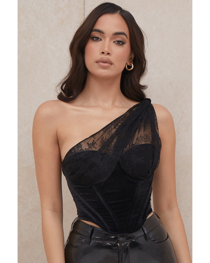Issa Velvet Lace Corset in black with one-shoulder lace detail and cutout waist — House of CB | Endless UAE
