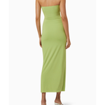 Woman wearing lime green strapless midi dress with ruched waist and white sandals — Bec & Bridge | Endless UAE
