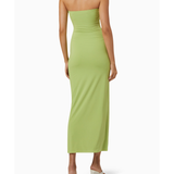Woman wearing lime green strapless midi dress with ruched waist and white sandals — Bec & Bridge | Endless UAE