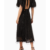 Black sequin midi dress with puff sleeves and fringed hem — Rotate Birger Christensen | Endless UAE