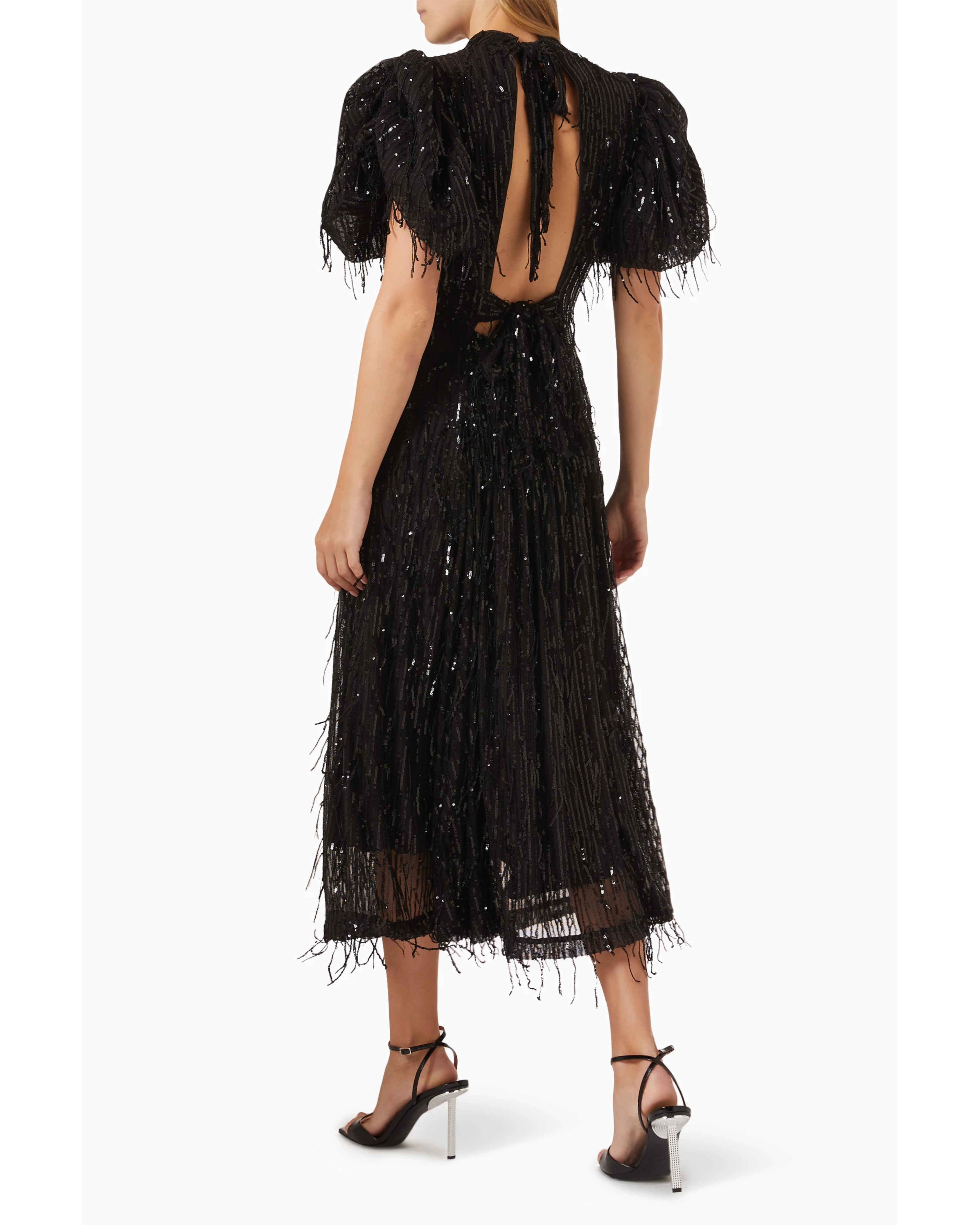 Black sequin midi dress with puff sleeves and fringed hem — Rotate Birger Christensen | Endless UAE