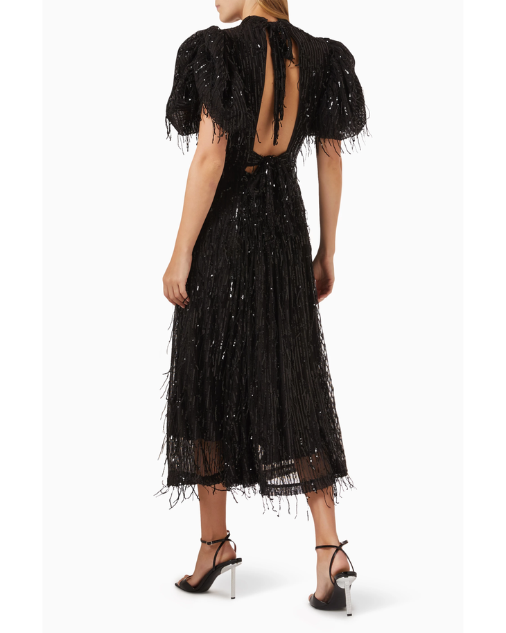 Black sequin midi dress with puff sleeves and fringed hem — Rotate Birger Christensen | Endless UAE