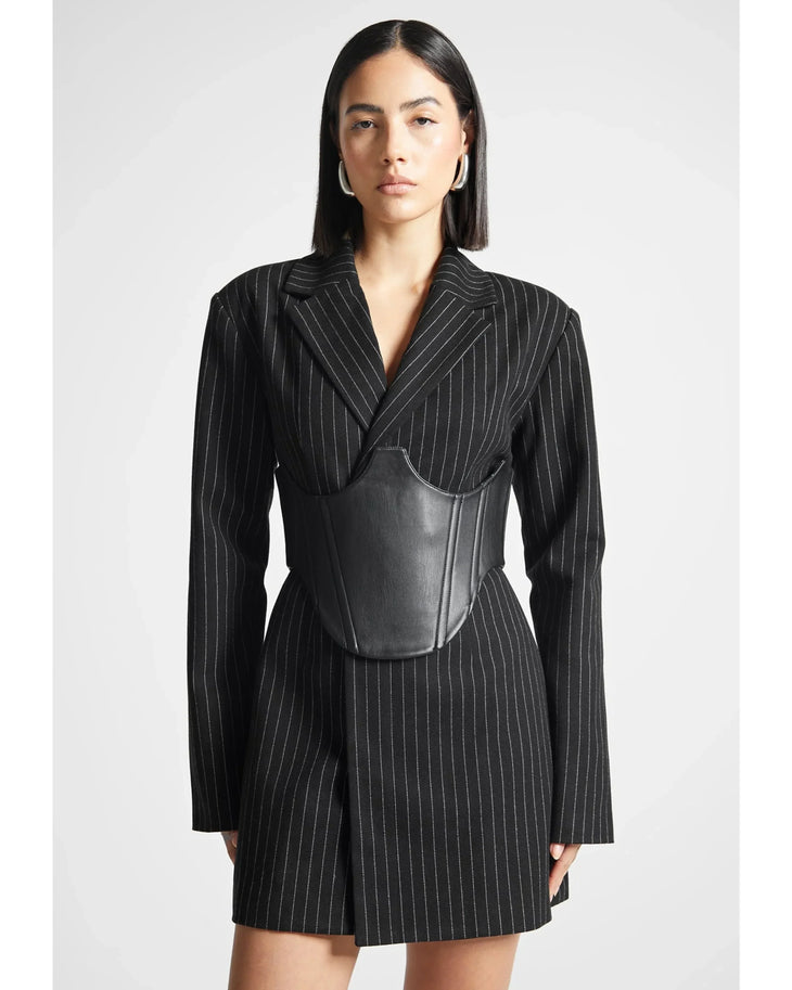 Black pinstripe blazer dress with reversible leather corset belt — Manière De Voir | Endless UAE