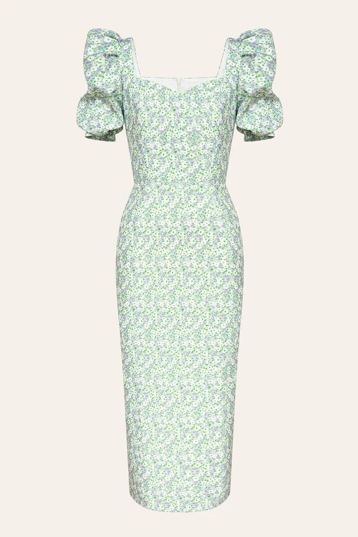 Floral print midi dress with puff sleeves and sweetheart neckline in green and white — Post Meridiem | Endless UAE