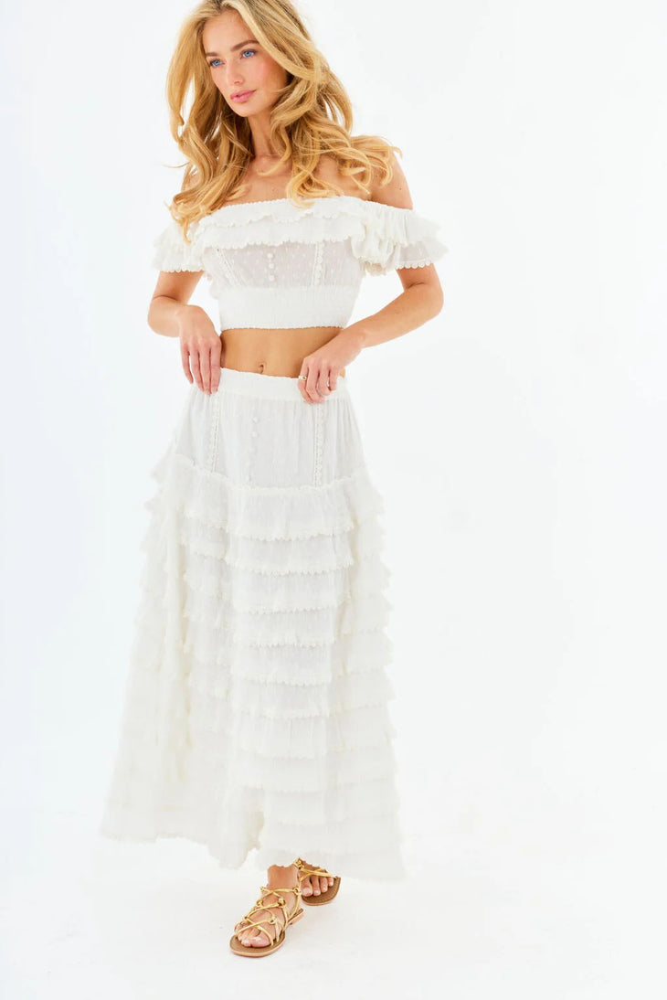 White off-shoulder crop top and maxi skirt matching set with ruffle details and embroidered trim — Amy Jane London | Endless UAE